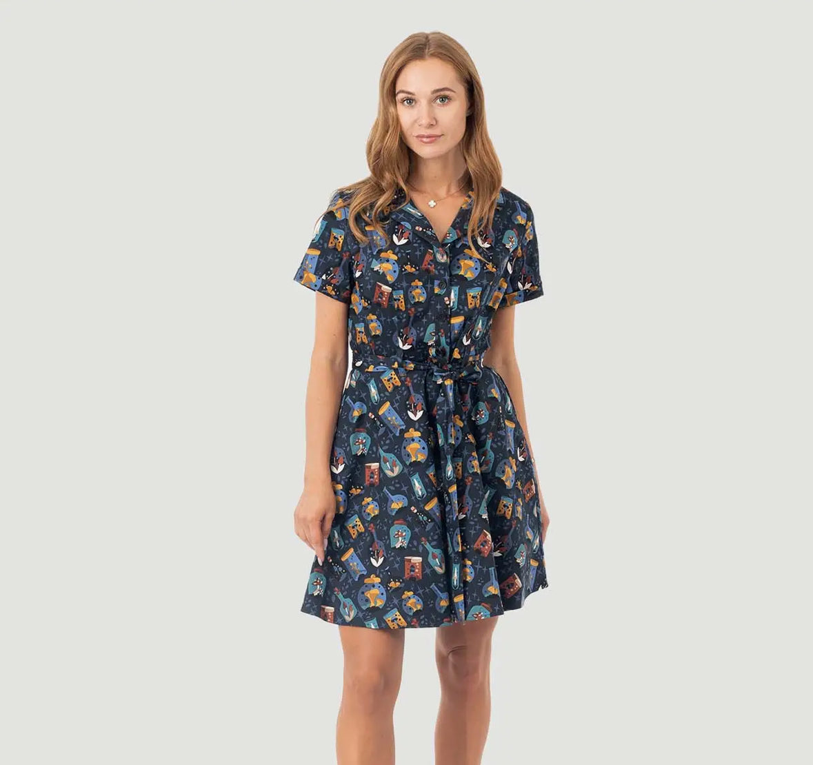 Eva Rose Short Sleeve Shirt Dress W/ Belt & Pockets in Poison Plant