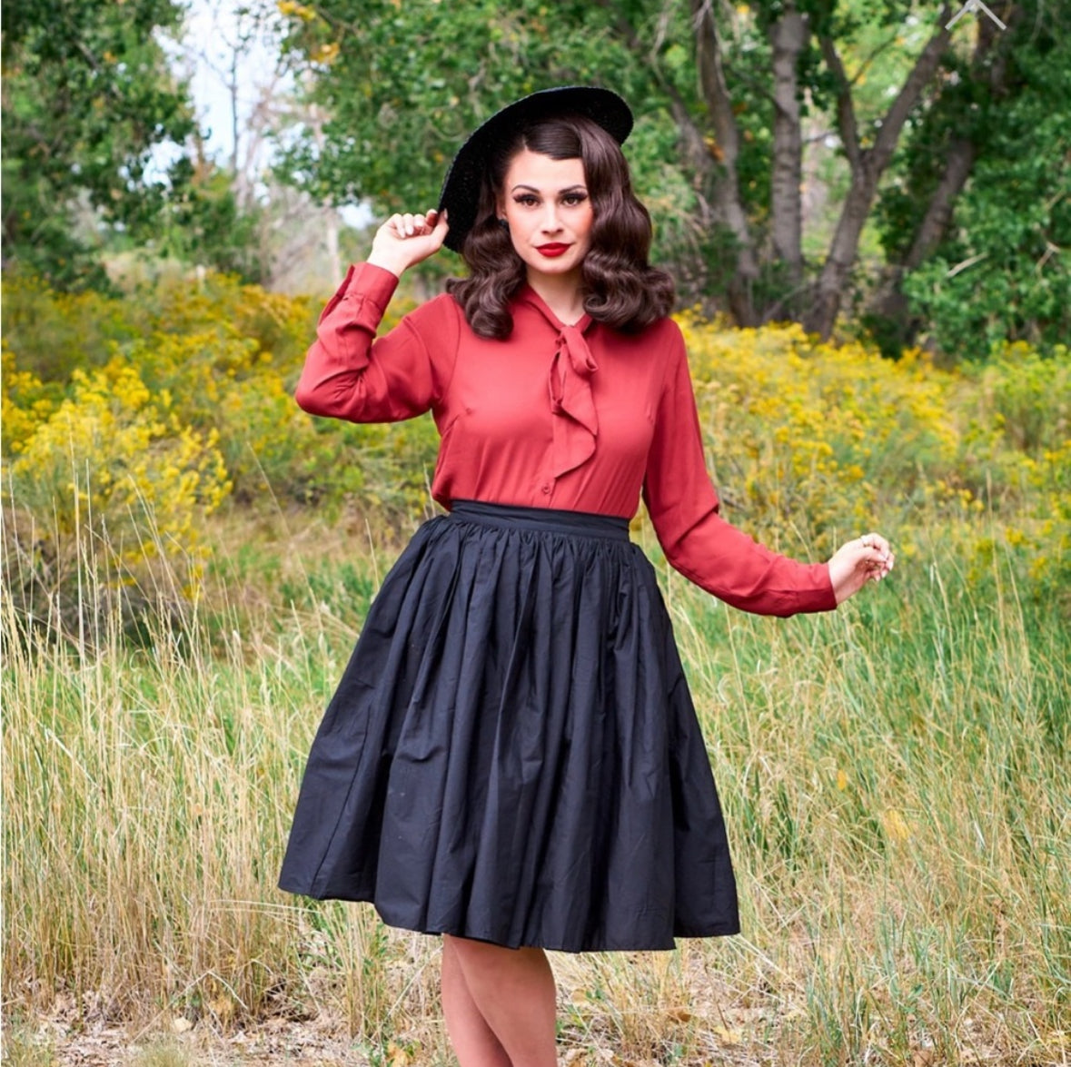 Retrolicious Helen Bow Top Blouse in Cognac