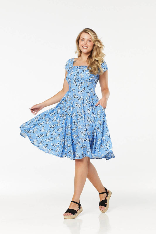 Timeless London Idda Midi Swing Tea Dress in Blue Floral