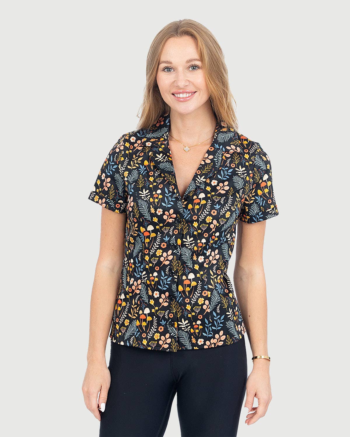 Fit & Flare Button Up Top W/ Short Sleeves in Disty Mushroom