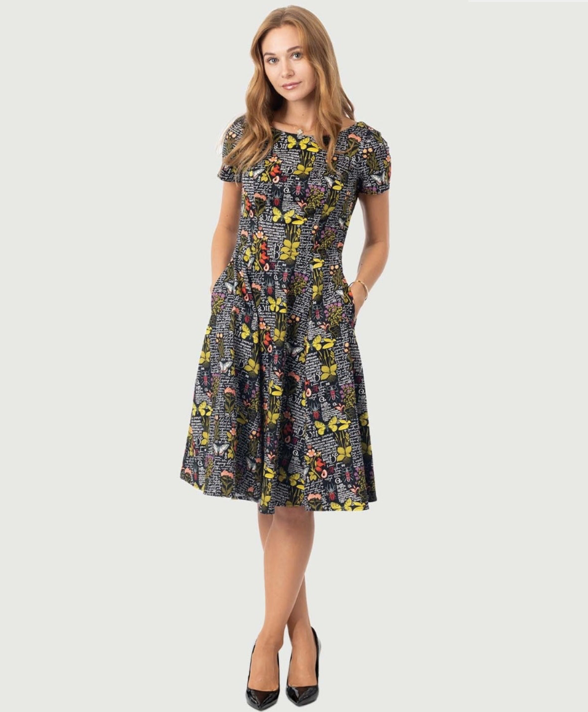 Eva Rose Botanical Butterfly Print Cap Sleeve Dress