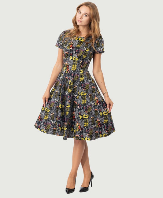 Eva Rose Botanical Butterfly Print Cap Sleeve Dress