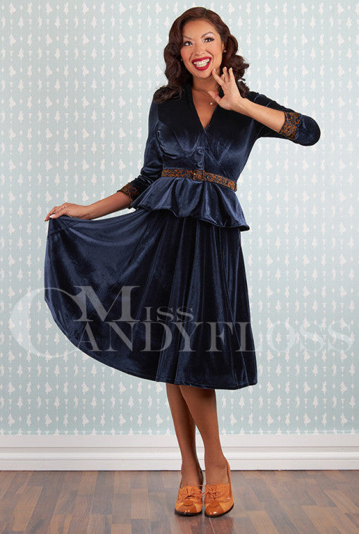 Miss Candyfloss Valencia-Lee Velvet Swing Dress in Navy