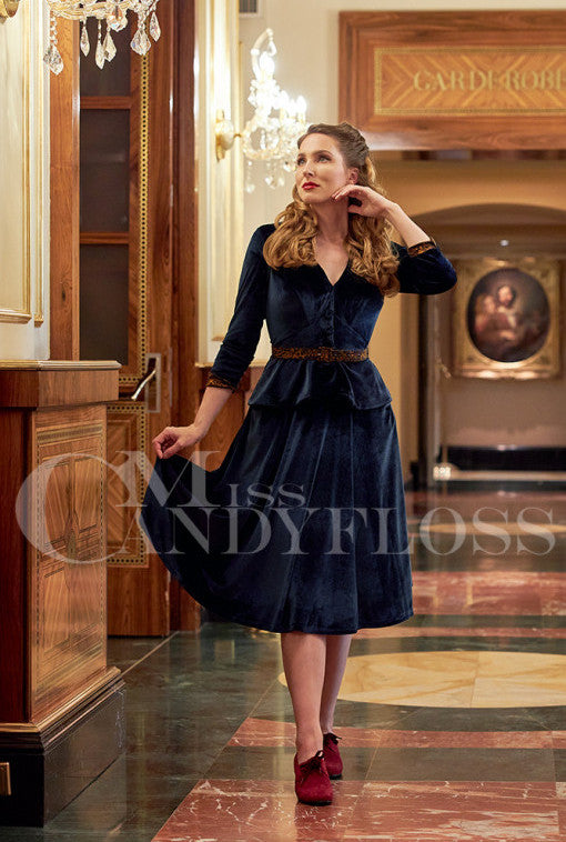 Miss Candyfloss Valencia-Lee Velvet Swing Dress in Navy