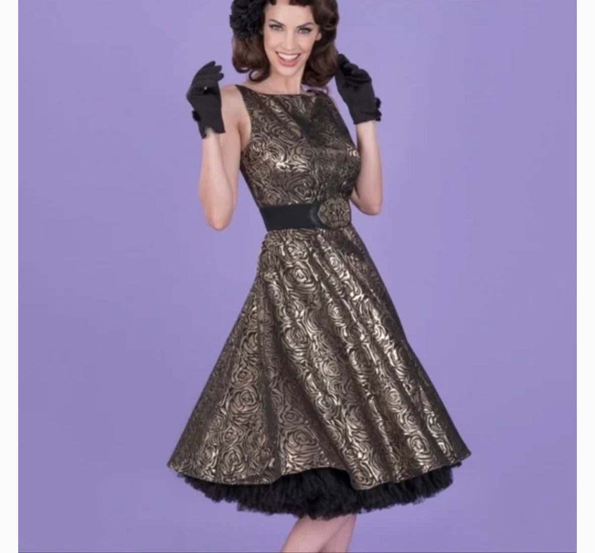 Tatyana Raised Brocade Metallic Silver Roses Swing Dress