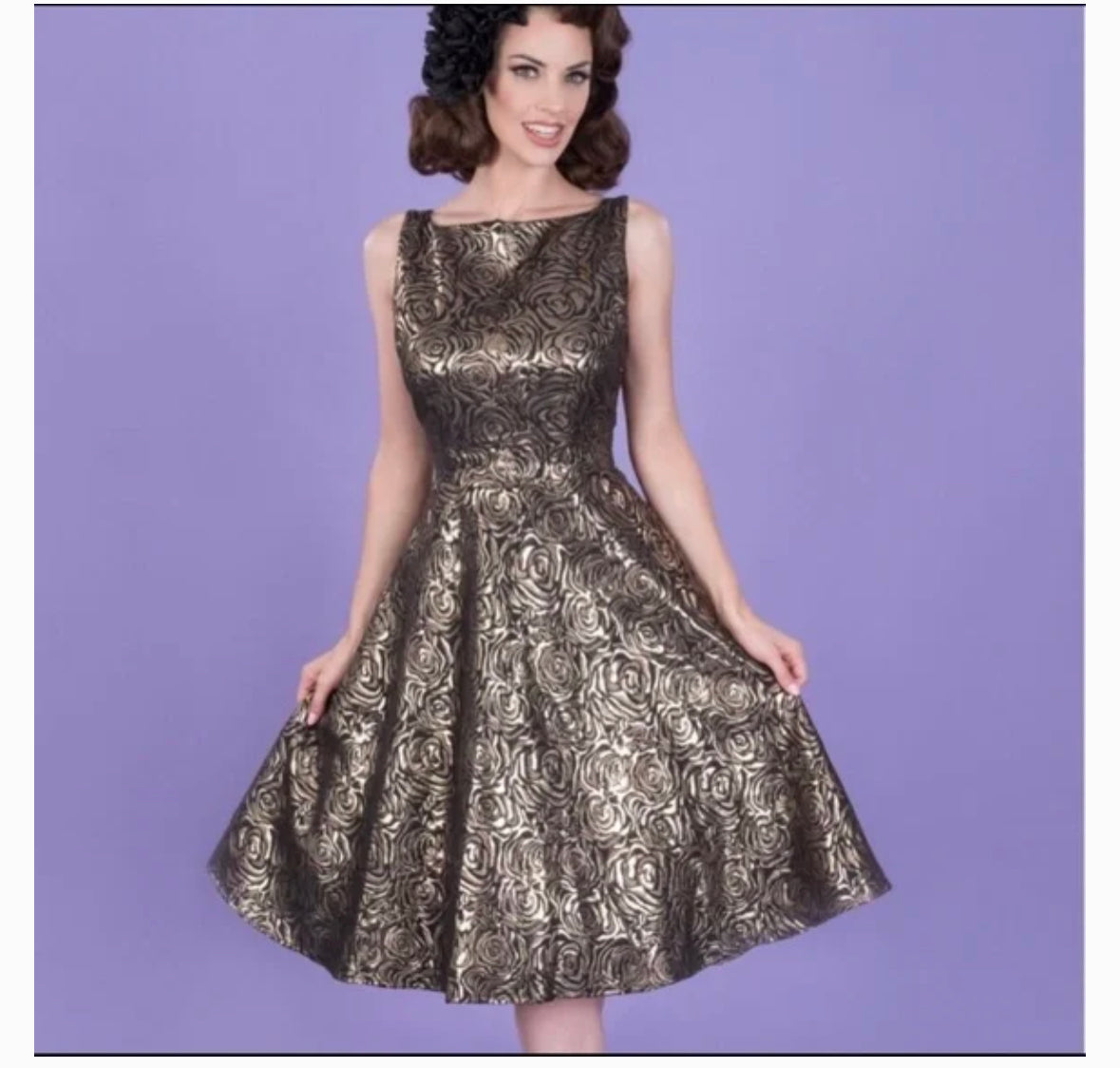 Tatyana Raised Brocade Metallic Silver Roses Swing Dress