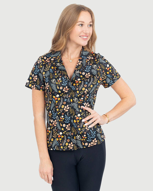 Fit & Flare Button Up Top W/ Short Sleeves in Disty Mushroom